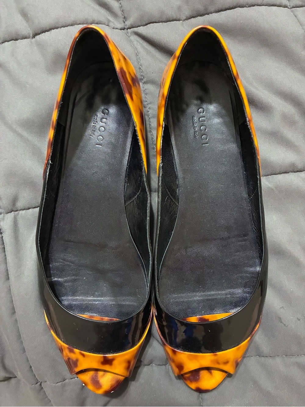 Gucci Black Patent and Tortoiseshell Peep-Toe Flats